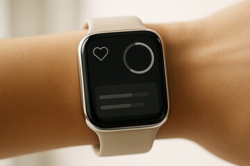 Close-up of modern smartwatch with blank health tracking screen on wrist, featuring minimalistic interface and soft light background. Ai generative. Ai generative