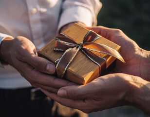 Hands holding small corporate gift box with ribbon, employee appreciation