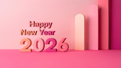 3D text Happy New Year 2026 on pink background with geometric shapes