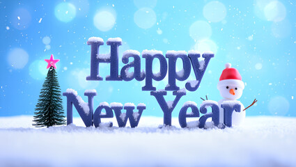 Happy New Year text with snowman and Christmas tree on winter background