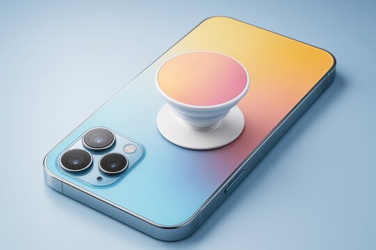 Smartphone with colorful gradient pop socket on clean light background for mockup and branding presentation purposes in closeup view. Ai generative
