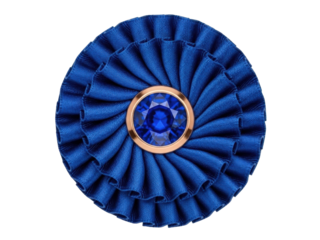 Isolated blue rosette ribbon with a gemstone is a decorative adornment, emblem or badge