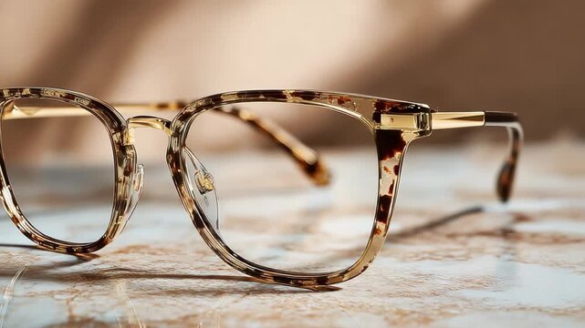 Stylish tortoiseshell glasses showcased on a marble surface in warm lighting