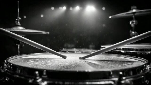 Drumsticks create rhythmic splashes as they hit the snare during a live performance in a concert hall