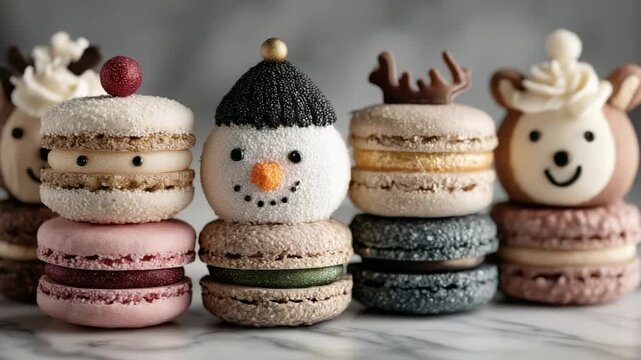 Festive macarons with winter themes showcased in a delightful arrangement on a marble surface