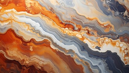 A diagonal, abstract composition featuring undulating, layered bands of orange, brown, grey, and white hues. The fluid pattern creates a marbled effect