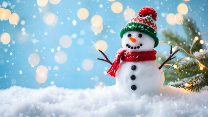 Obraz premium Snowman with red scarf and green hat in winter scene with lights 