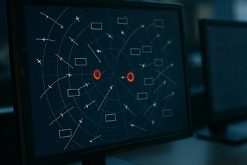 Air traffic control radar screen interface displaying aircraft positions and flight paths on a dark background in a modern control center setting. Ai generative