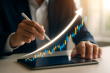 Professional analyzing financial stock market trends with rising graph and digital tablet technology
