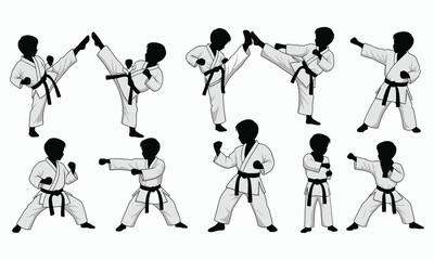 Obraz premium Karate Dojo Practice Poses Fighter Silhouette Set