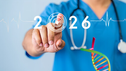 Medical professional interacting with technology and DNA icon