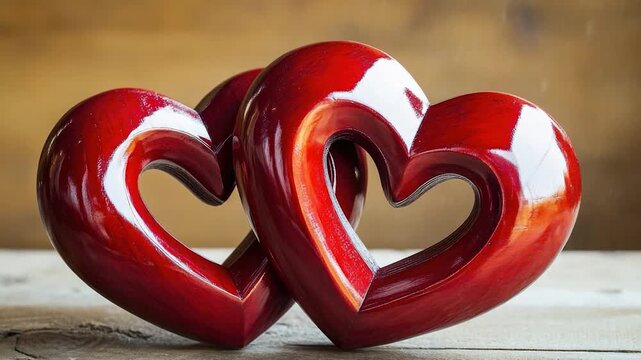 Video A pair of bright red hearts sit atop a wooden surface, ideal for Valentine's Day or romantic-themed designs