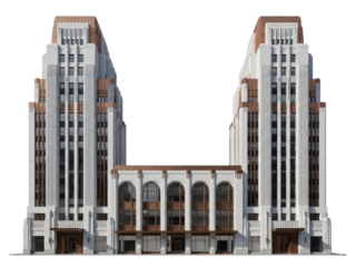 Isolated symmetrical Art Deco architecture office building with large window facade