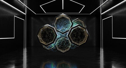Futuristic Digital Display of Glowing Geometric Data Clusters in Dark Modern Room