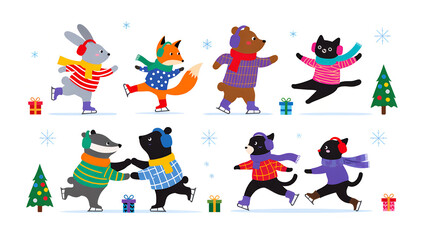 Colorful animals ice skating and celebrating winter holidays together  
