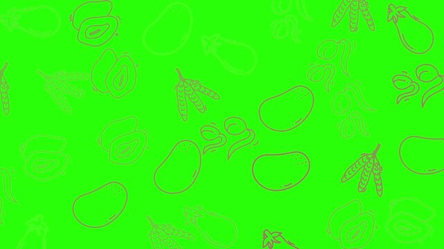 Vegetable pattern with avocados, potatoes, sprouts, eggplants, and pea pods on a green background. Suitable for food blogs and menus.