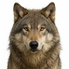 Obraz premium Hyper realistic wolf portrait with detailed fur and amber eyes looking directly forward on white background