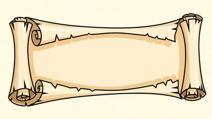 Blank cartoon parchment scroll banner with aged edges and rolled ends perfect for ancient map titles or historical announcements in a light background setting
