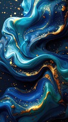 Fototapeta premium Flowing blue swirls with gold accents, abstract