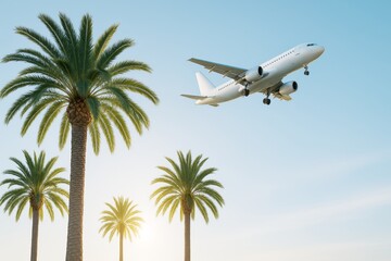 Airplane flying above tropical palm trees at sunset sky on travel journey against clear blue background with soft sunlight glow. Ai generative.
