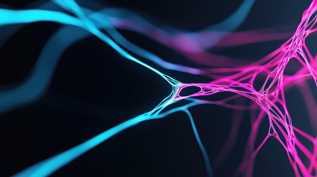 Futuristic abstract neural network pattern in neon blue, pink with cyberpunk 80s style. Flowing lines, holographic glow. Digital art, web design, modern visuals, tech backgrounds.