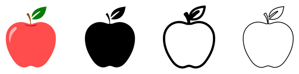 Set of apple illustrations in different styles: color, silhouette, thick and thin outline. Icons with leaf and stem, isolated on a white background. Vector illustration.