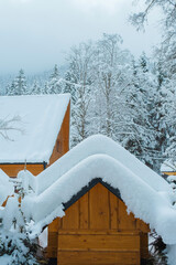 Cozy Snowy Winter Village with Traditional Houses and Peaceful Rural Landscape