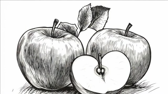 Two apples with one of them cut in half. The other apple is whole. A leaf is on the right side of the apple