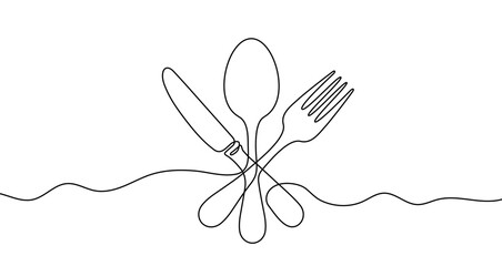 Continuous one line drawing of a set of crossed dining utensils. Drawing of a knife, spoon, and fork with editable black stroke on white background. Vector illustration.