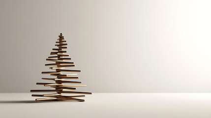A minimalist Christmas tree made of wood planks. Set against a neutral backdrop, the tree embodies modern holiday decor. The sleek design offers a stylish alternative to the trad