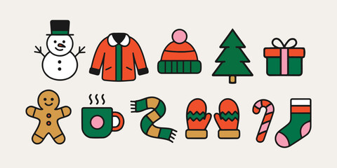 Christmas vector illustration set. Hand drawn warm clothes simple graphic elements