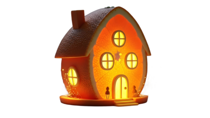 Illuminated miniature fairy house lantern with chimney, isolated on white isolated on transparent background