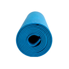 A rolled-up yoga mat, perfect for fitness and exercise. The mat is a vibrant blue color and is ready to be unrolled for a workout.