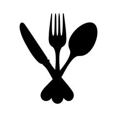 Cutlery icon. Black crossed silhouettes of a knife, fork, and spoon. Vector illustration of dinner or a restaurant