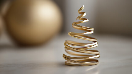 Elegant golden spiral Christmas tree decoration on a neutral surface with a blurry golden sphere. Minimalist holiday design, perfect for festive backgrounds and seasonal greetings.
