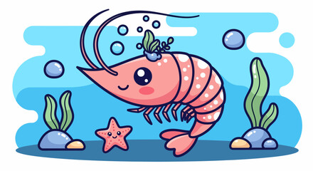 Cute cartoon shrimp swimming underwater with starfish and seaweed.