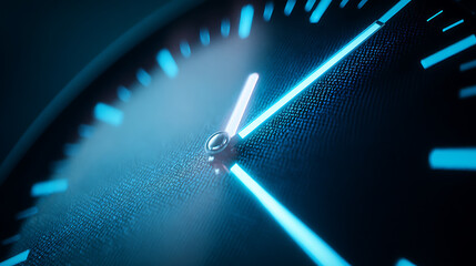 Macro shot of a clock, illuminated in cool blue tones. The clock face is textured, and the hands are silver. The angle emphasizes precision, time management, and the beauty of simple design.