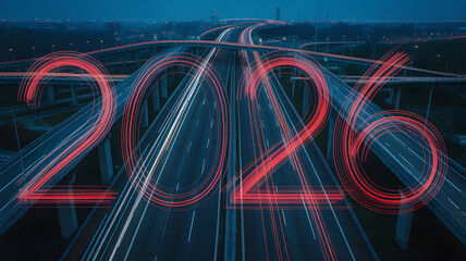 2026 Light Trails Over Modern Highway Interchange in Futuristic Night Cityscape