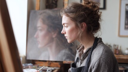 Young woman sitting in front of an easel in an art studio. she is wearing a gray apron and has her hair tied up in a messy bun.