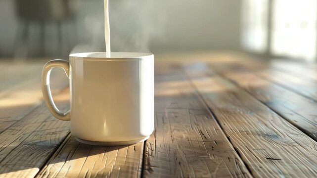 A single coffee mug sits alone on a rustic wooden table