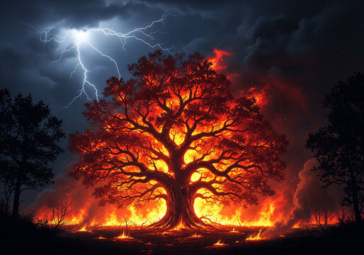 burning tree in forest