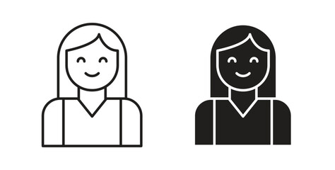 Girl icons in line designs. solid silhouette style in black