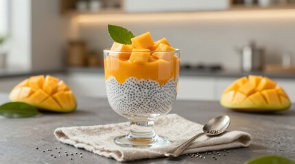 Creamy chia seed pudding topped with fresh mango cubes and mint leaf