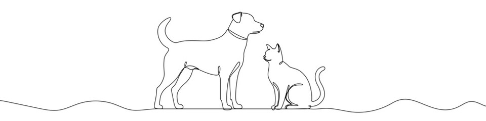 Continuous one line drawing of a standing dog and a sitting cat together. Drawing of domestic pets with editable black stroke on white background. Vector illustration.