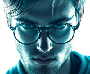 Close-up of a man wearing glasses on a white background, a man wearing glasses looks up