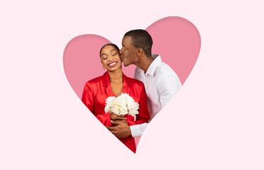 A couple enjoys a tender moment in a heart-shaped collage. The man kisses the woman on the cheek while she smiles, holding a bouquet of white flowers against a soft pink background.