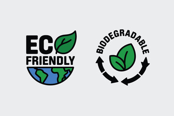 Eco friendly and biodegradable product labels featuring earth icon and leaf symbols perfect for sustainable packaging and environmental marketing
