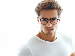 Close-up of a man wearing glasses on a white background, a man wearing glasses looks up