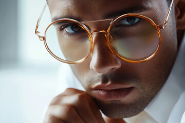 Close-up of a man wearing glasses on a white background, a man wearing glasses looks up