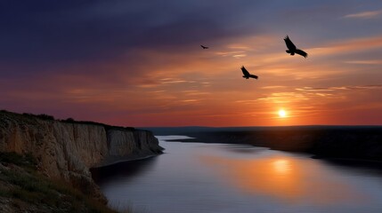 Sunset serenity over river birds in flight nature landscape tranquil environment scenic viewpoint